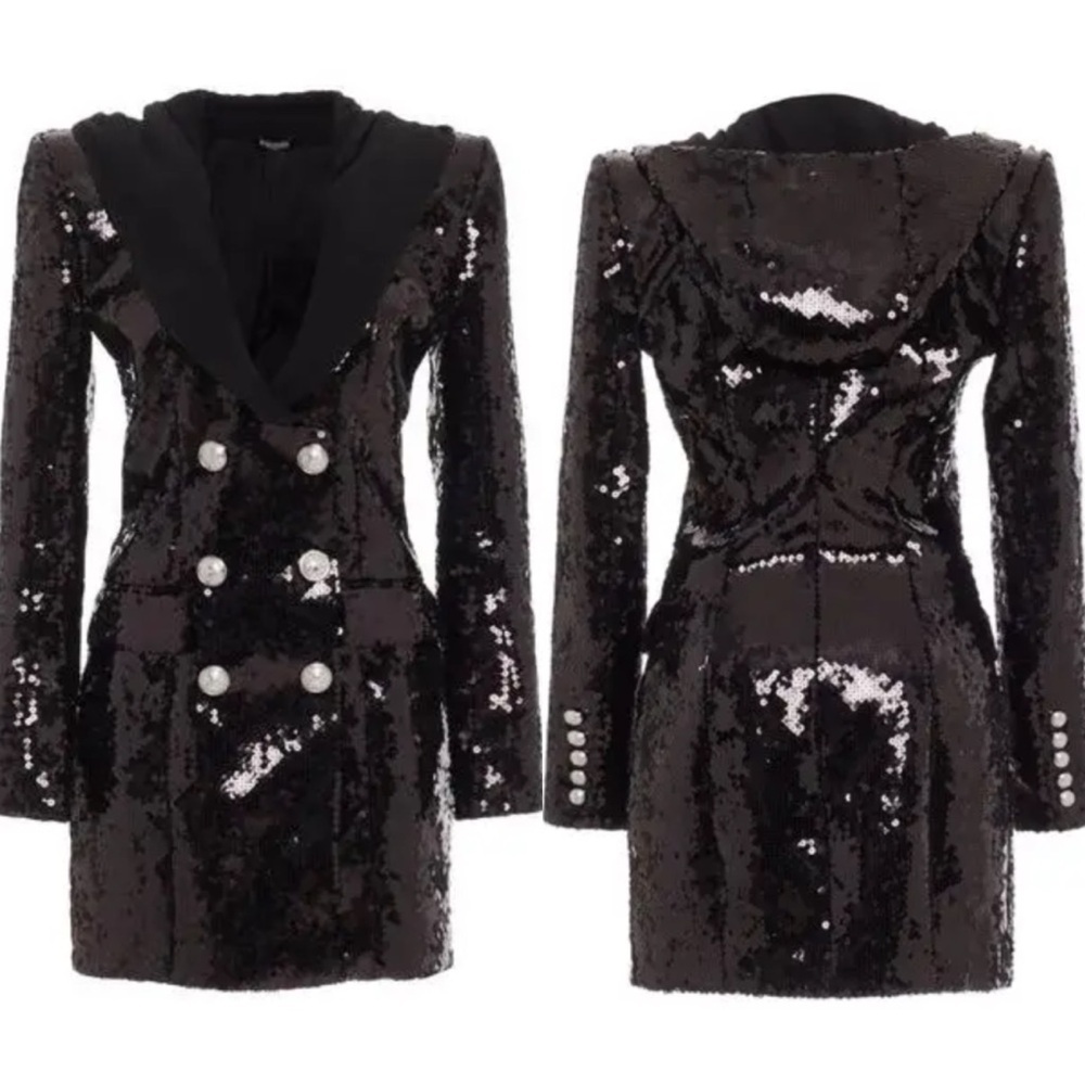 Balmain Black Sequin Hooded Blazer dress